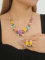 Colorful enamel camellia flower pearl rhinestone necklace earrings jewelry set detail shot - Multicolor Set