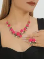 Elegant camellia necklace earrings set with enamel pink flowers, pearls and sparkling rhinestones. - Rose Red Set