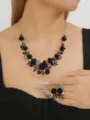 Black enamel camellia pearl necklace and matching earrings set, elegant vintage style jewelry. - Black Set