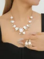 Elegant gold-tone white enamel camellia flower pearl rhinestone necklace and ring sets - AB White Set