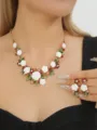 Elegant white camellia flower necklace and earrings jewelry set with sparkling crystals. - White Set