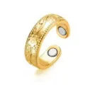 Vintage gold magnetic open ring with floral embossed design for health and daily fashion. - Ring / Gold