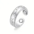 Vintage floral embossed magnetic open ring, adjustable silver tone health jewelry piece. - Ring / Silver