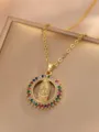 Gold Virgin Mary pendant necklace detail with colorful cubic zirconia stone embellishments. - Round Hollow Mary Colored Zirconia (Style 7)