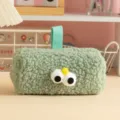 Cute fluffy pencil case with big eyes large capacity soft green stationery organizer box - Green