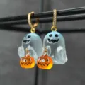 Halloween cute ghost pumpkin dangle earrings with gold pave huggie hoops for party festival. - Pumpkin Style