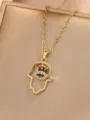 Gold plated Hamsa hand necklace detailed with colorful cubic zirconia and evil eye design. - Hand Evil Eye Colored Zirconia (Style 14)