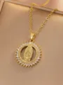 Gold Virgin Mary pendant necklace detail close-up shot, micro-pave cubic zirconia halo design. - Round Mary Relief (Style 15)