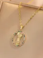 Detail shot of a gold-plated copper micro-set multi-color zircon Virgin Mary pendant. - Oval Mary Colored Zirconia (Style 21)