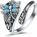 Vintage dragonfly sunflower wrap ring detail shot with turquoise inlay, bohemian style. - Open Adjustable / Antique Silver (Main Image Style)