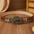 Vintage western style leather belt with revolver bull skull buckle and floral carved feather. - 1905# Revolver Buckle (Color Feather Bronze Rivets) Camel