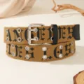 Vintage gothic letter print canvas belt with double metal grommets and pin buckle for street style. - Khaki
