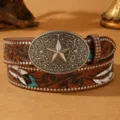 Vintage Western style leather belt with embossed floral patterns, star buckle and rivet details. - Star Buckle Feather Style (1909) / Camel