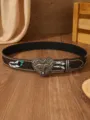 Vintage Western leather belt with bull skull heart buckle and carved feather details. - 1903# Bull Head Heart Buckle (Colored Feather White Rivets) Coffee