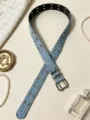 Punk style light blue denim double grommet belt with silver metal buckles for women fashion. - Light Blue Star Double Buckle Denim Belt / Light Blue