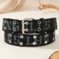Gothic letter canvas belt with double grommets, punk style street accessory, black. - Black