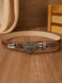 Detailed shot of the American western style leather belt with carved feather and bull skull buckle. - 1903# Bull Head Heart Buckle (Colored Feather White Rivets) Camel