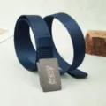 Ceinture tactique en toile nylon boucle automatique métal vue détaillée, design de travail. - Bleu saphir