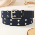 Vintage gothic letter canvas belt with double grommets and metal buckle for street style. - Sapphire Blue