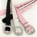Women rhinestone square buckle lace waist belt sweet stylish decorative dress accessory - Black Belt Black Lace (3 Rows Rhinestones) / 2.8cm Rhinestone Buckle