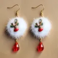 Christmas reindeer plush drop earrings with sparkling rhinestones and cute faux fur ball design. - Elk