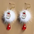 Christmas Santa plush ball earrings with red crystal pendant and rhinestone hat festive detail. - Santa Head