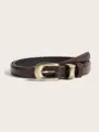 Detailed close-up of a dark brown crocodile textured thin belt with vintage gold buckle. - Two-Piece Set / Crocodile Coffee