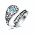 Boho vintage silver sunflower turquoise adjustable ring for women fashion jewelry gift - Sunflower Adjustable Open Style / Vintage Silver