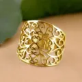 Vintage filigree wide statement ring, bohemian style golden hollow floral fashion jewelry. - Size 5 / Gold