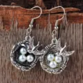 Vintage Swallow Bird Nest Pearl Hook Earrings Trendy Forest Style Alloy Jewelry Gift - Antique Silver