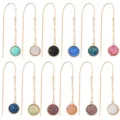 Long gold-toned threader earrings featuring round cluster glitter pendants in vibrant colors. - 12-pair Set