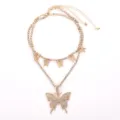 Gold rhinestone butterfly layered necklace for women fashion punk crystal choker jewelry - Gold