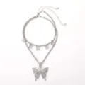 Silver rhinestone layered butterfly choker necklace, trendy punk jewelry gift style. - Silver