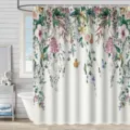 Floral shower curtain with watercolor plants and butterflies in a white bathroom setting - 90*180 / Blossom Butterfly Pattern (xh452)