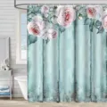 Detail of 3D floral shower curtain with pink roses and vintage blue wood pattern - 90x180cm / Pink Rose and Wood Grain Pattern (563+6)