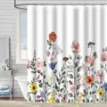 Detailed view of white floral shower curtain with colorful wildflower print in bathroom - 90x180cm / Rose and Wildflower Pattern (xiao780)