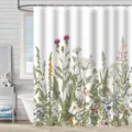 Detailed view of botanical wildflower print on waterproof white shower curtain - 90x180cm / Wildflower & Greenery Pattern (xtl377改)