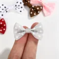 Detailed view of a mini grey polka dot grosgrain ribbon bow for DIY accessories - Polka Dot Bow / Light Gray