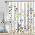 Detailed view of the vibrant watercolor floral and butterfly print on a white shower curtain - 90x180cm / Colorful Plant Floral (25)