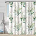 Detailed view of waterproof shower curtain with green eucalyptus and gold leaf patterns - 90x180cm / Green Leaf with Gold Lines Pattern (xh412)