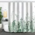 Detailed view of waterproof green botanical print shower curtain in bathroom - 90x180cm / Tropical Green Plant Pattern (geg)