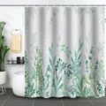 Interior view of a modern bathroom featuring a green botanical plant shower curtain. - 90x180cm / Fresh Green Watercolor Plant Pattern (xtl171)