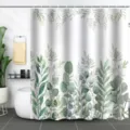 Detailed view of botanical green leaf print shower curtain in a modern bathroom decor - 90x180cm / Fresh Green Plant Pattern (xtl734)