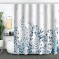 Detailed view of high quality waterproof shower curtain with 3D blue botanical print. - 90x180cm / Blue Watercolor Leaf(xtl916)