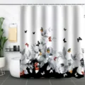 Modern bathroom featuring a 3D digital print shower curtain with flowers and butterflies - 90x180cm / Black and White Floral with Butterfly(xtl913)