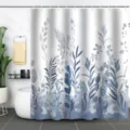Close-up detail of the elegant blue leaf pattern on this waterproof shower curtain. - 90x180cm / Blue Botanical Pattern (xtl925)