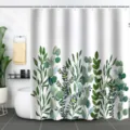 Waterproof white shower curtain featuring 3D green plant leaves print in bathroom - 90x180cm / Green Leaf Pattern (xtl987)