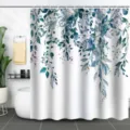 Elegant watercolor botanical shower curtain with hanging leaf pattern in bathroom setting. - 90x180cm / Blue-Green Leaf Pattern (26)