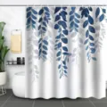 Detail showing the blue and grey leaf print on a waterproof fabric shower curtain - 90x180cm / Blue Gradient Leaf Pattern (xtl1007)