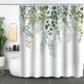 Detail view of a waterproof white shower curtain with green eucalyptus leaf print. - 90x180cm / Watercolor Eucalyptus Leaves (xtl1008)